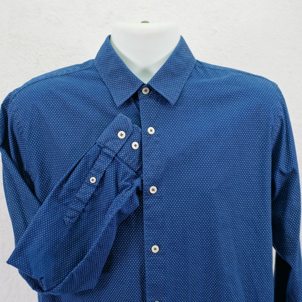 Express -Large 16-16.5- Fitted Blue Polka Dot Collared Dress Shirt Long Sleeve